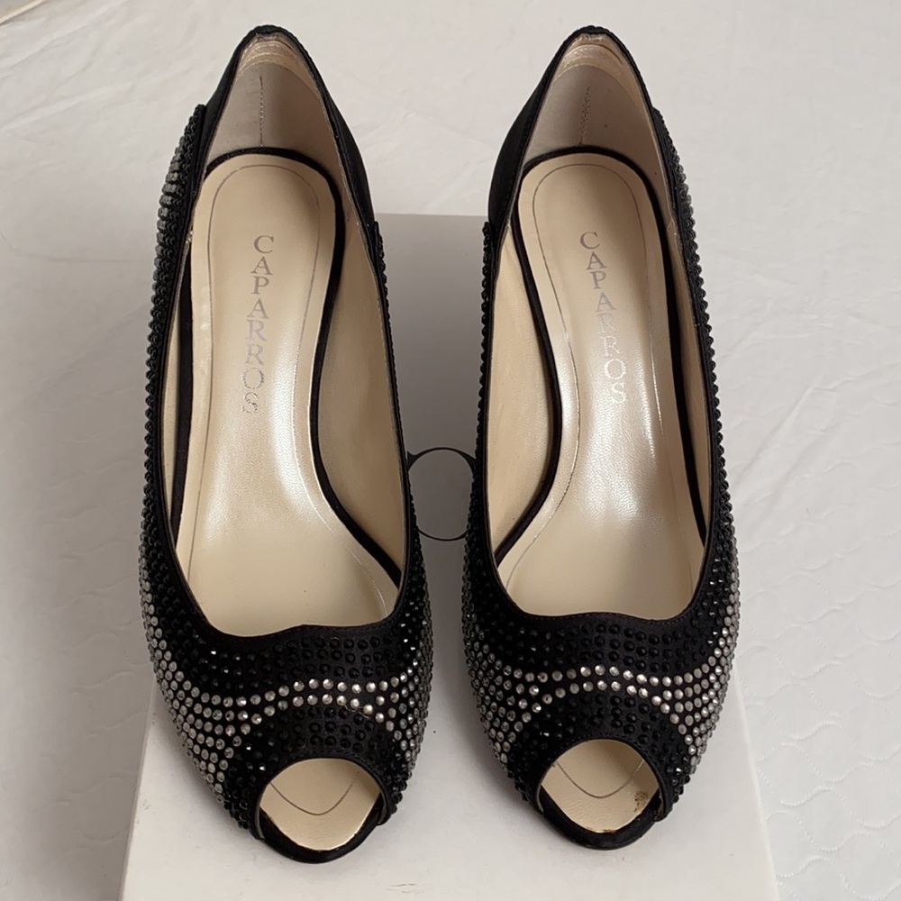 Caparros black satin rhinestone peep toe heels 8.5